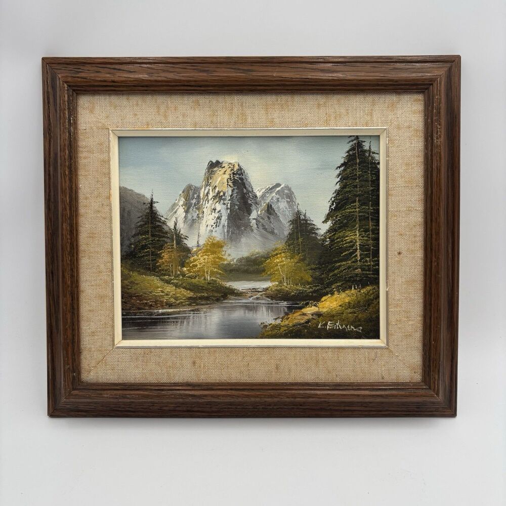 Vintage Signed Oil Painting Mountain River Landscape Framed Canvas Original